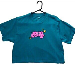 Obey Teal Cropped T-Shirt - Bubble Logo & Stars - Size Medium - NWOT